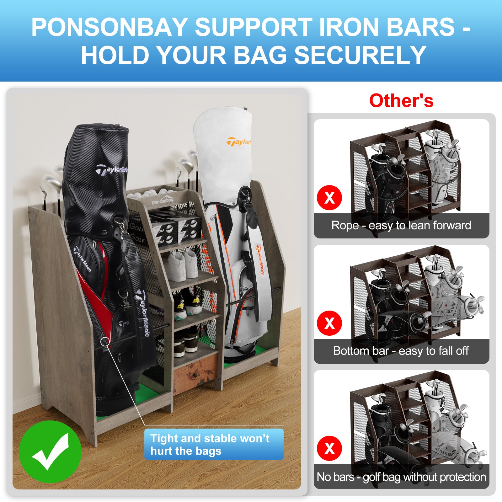 Ponsonbay Golf Bag Storage Organizer Wooden 2 Golf Bags Rack with Drawer
