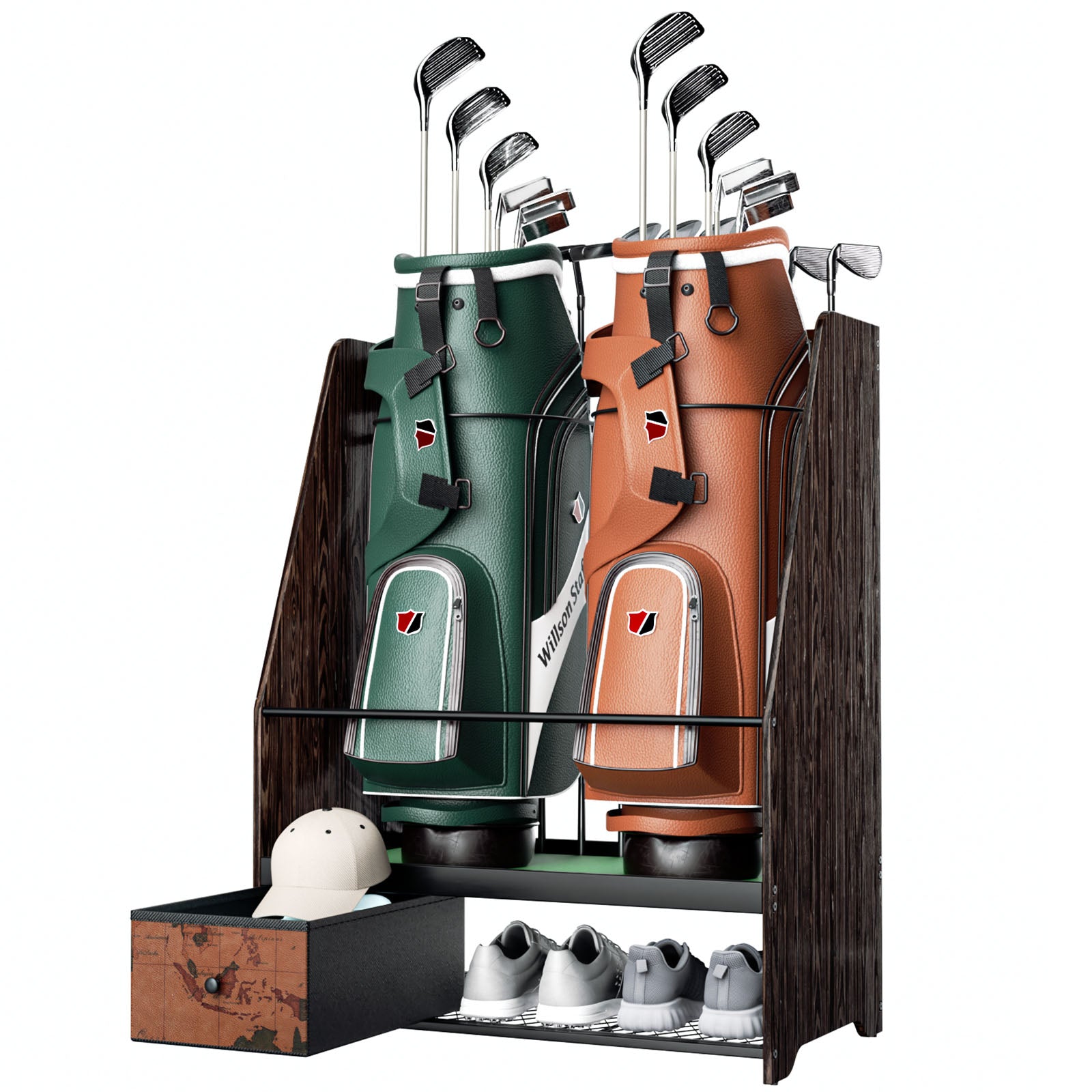 Ponsonbay Golf Bag Organizer Rack Large Wooden for 2 Bags, Clubs & Accessories