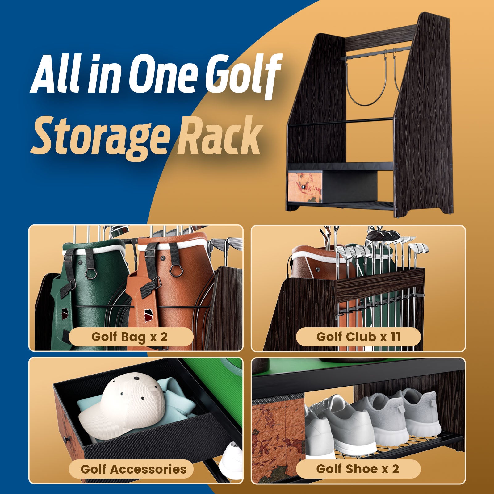 Ponsonbay Golf Bag Organizer Rack Large Wooden for 2 Bags, Clubs & Accessories