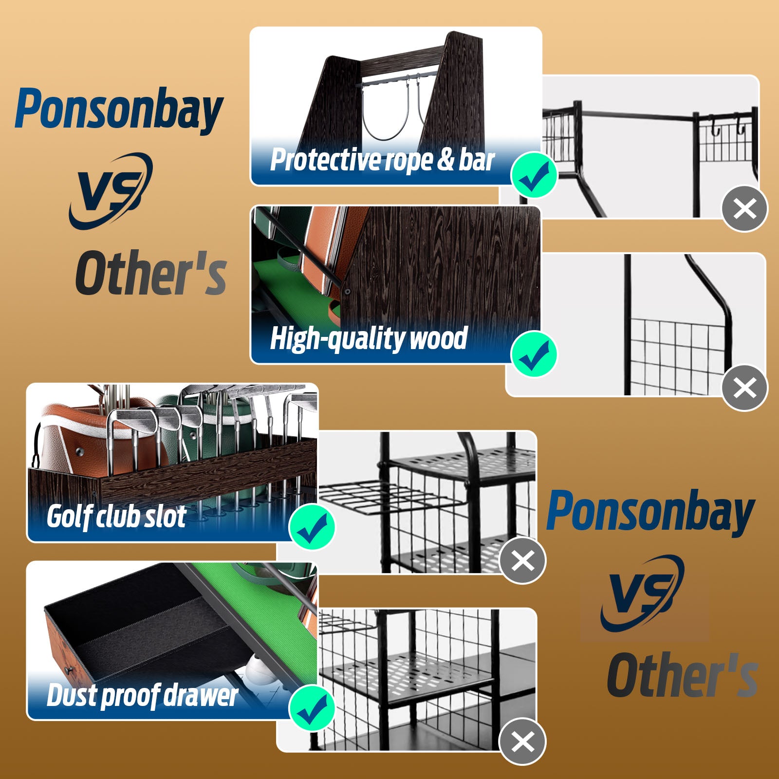 Ponsonbay Golf Bag Organizer Rack Large Wooden for 2 Bags, Clubs & Accessories