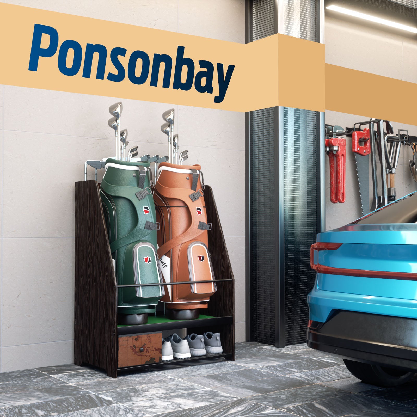 Ponsonbay Golf Bag Organizer Rack Large Wooden for 2 Bags, Clubs & Accessories