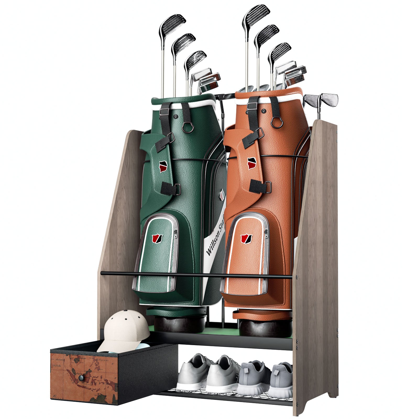 Ponsonbay Golf Bag Organizer Rack Large Wooden for 2 Bags, Clubs & Accessories