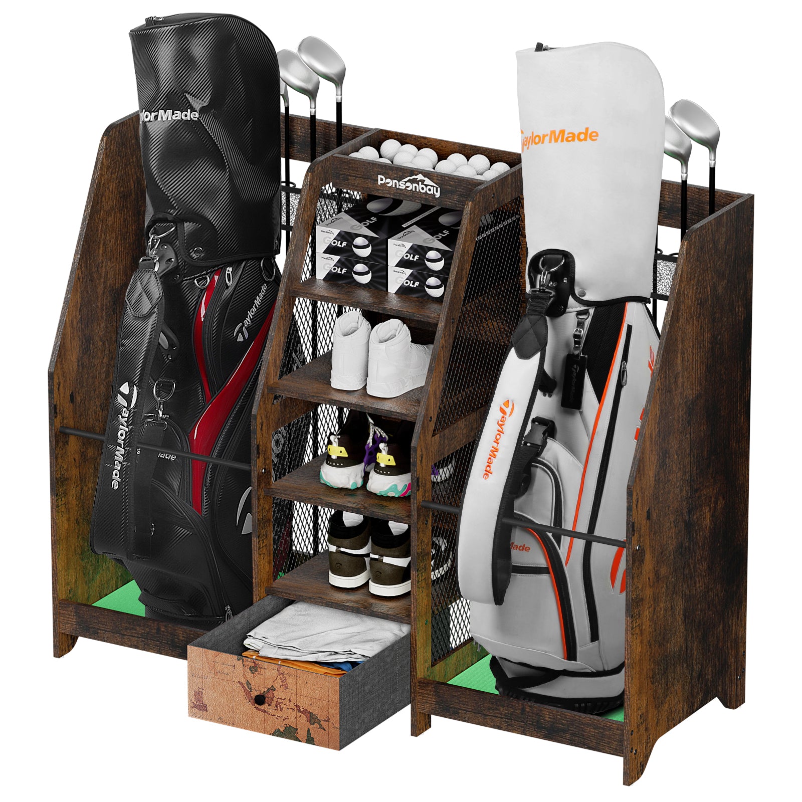 Ponsonbay Golf Bag Storage Organizer Wooden 2 Golf Bags Rack with Drawer