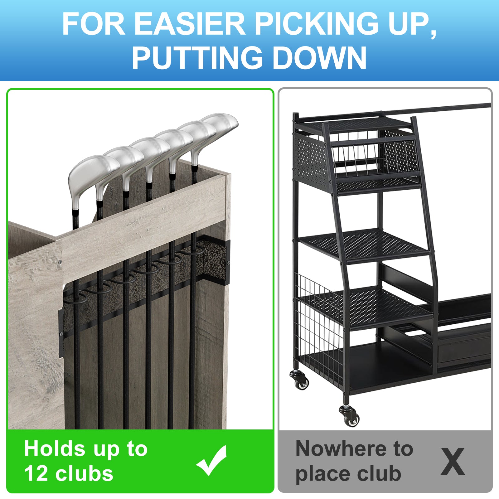 Ponsonbay Golf Bag Storage Organizer Wooden 2 Golf Bags Rack with Drawer