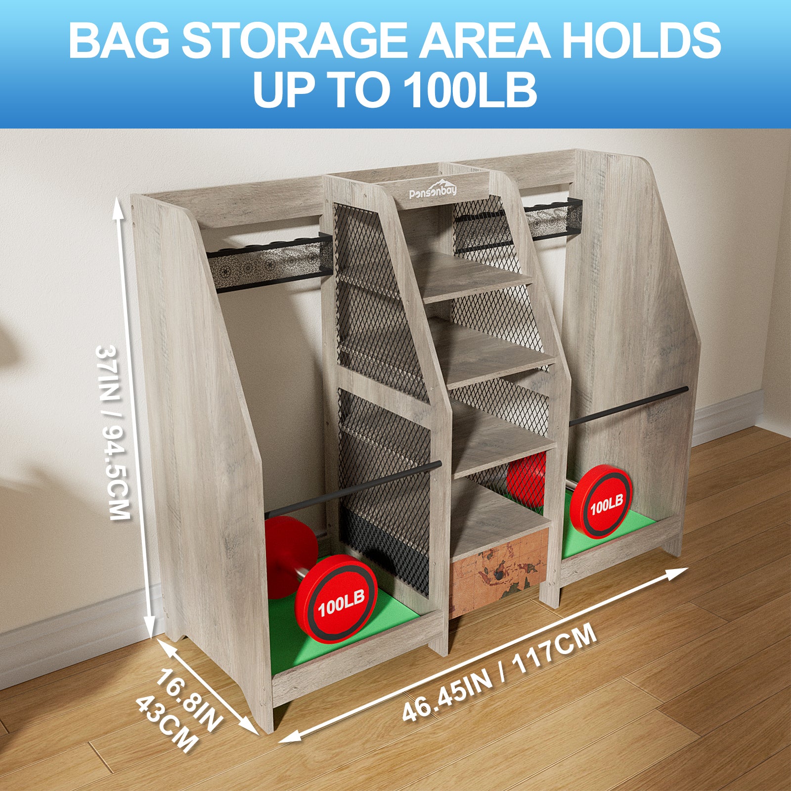 Ponsonbay Golf Bag Storage Organizer Wooden 2 Golf Bags Rack with Drawer