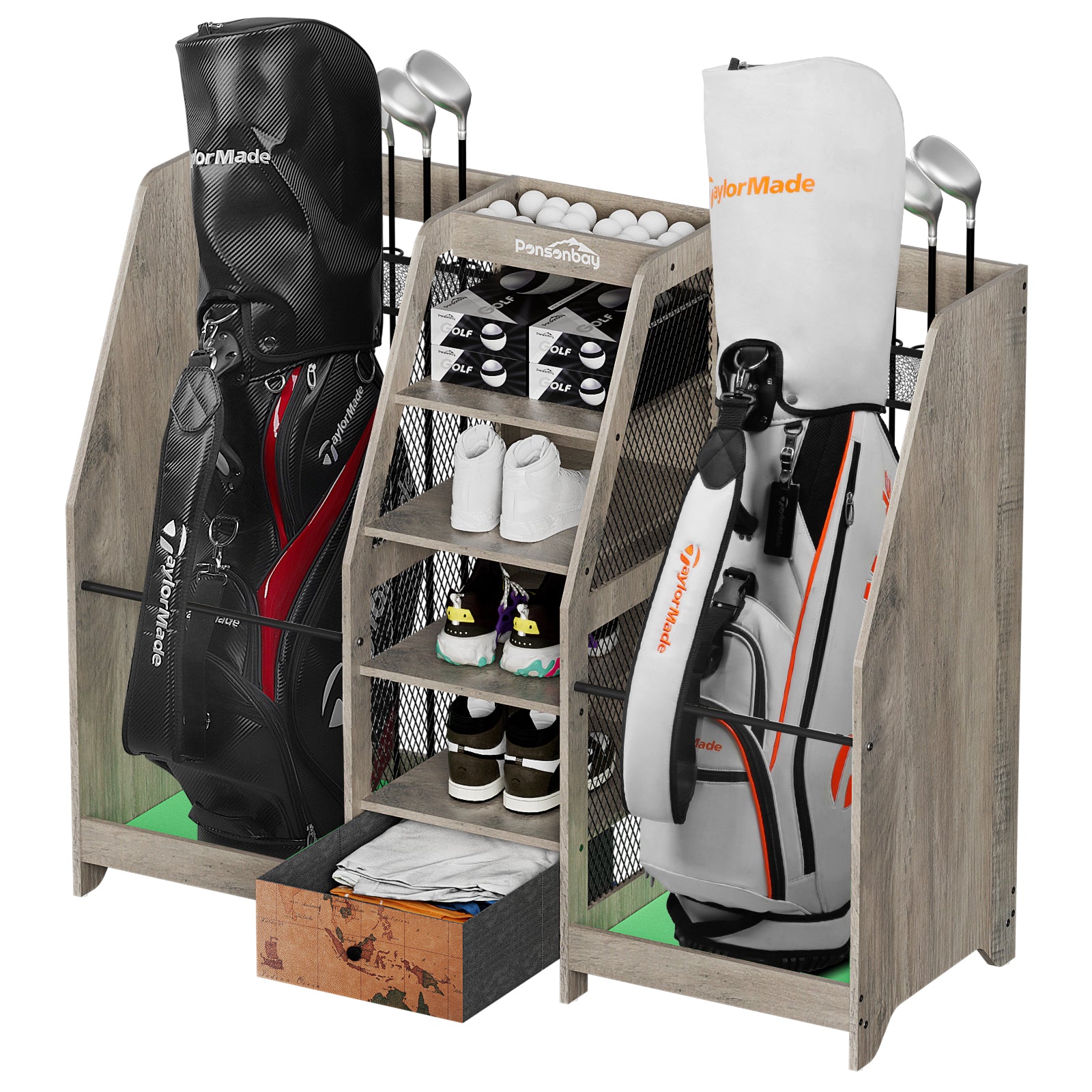 Ponsonbay Golf Bag Storage Organizer Wooden 2 Golf Bags Rack with Drawer