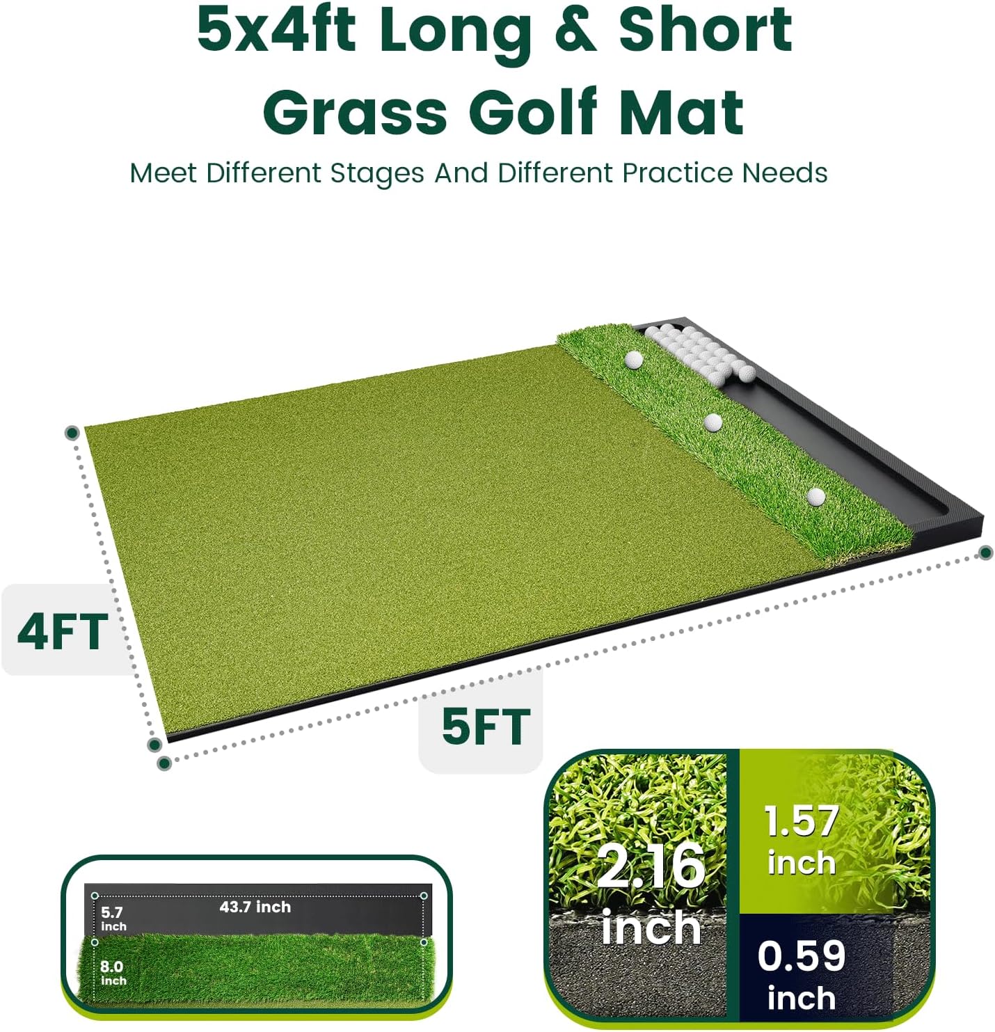 Ponsonbay Golf Mat Integrated with Ball Tray, EVA Rubber Base with 3 Tees