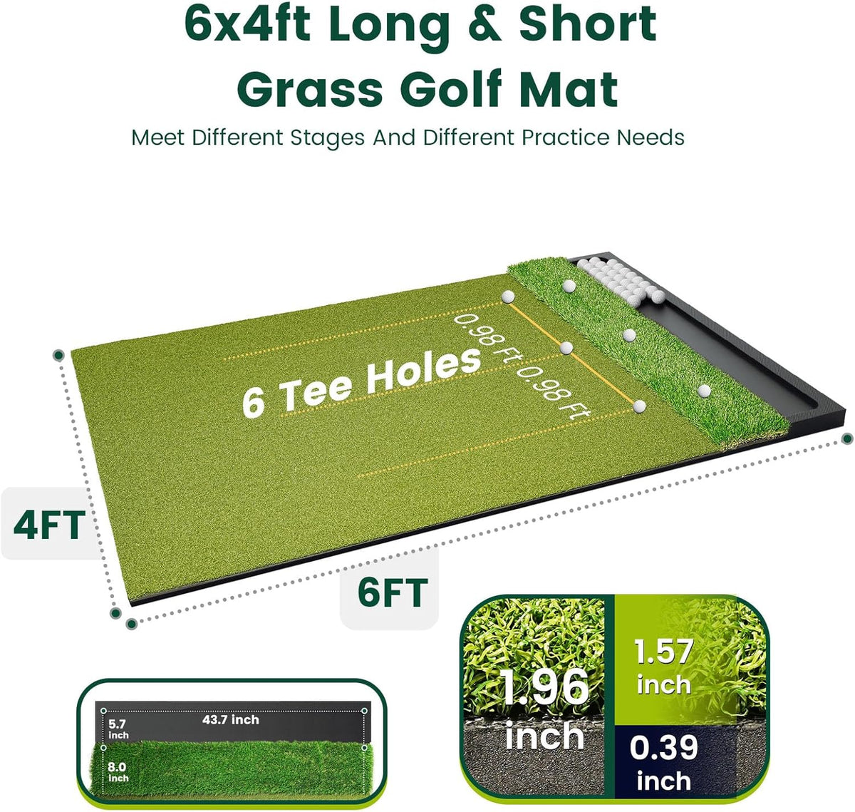 Ponsonbay 6 x 4 ft dual-turf golf mat with six tee holes and ball tray