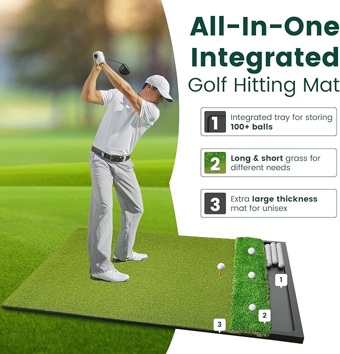 Ponsonbay Golf Mat Integrated with Ball Tray, EVA Rubber Base with 3 Tees