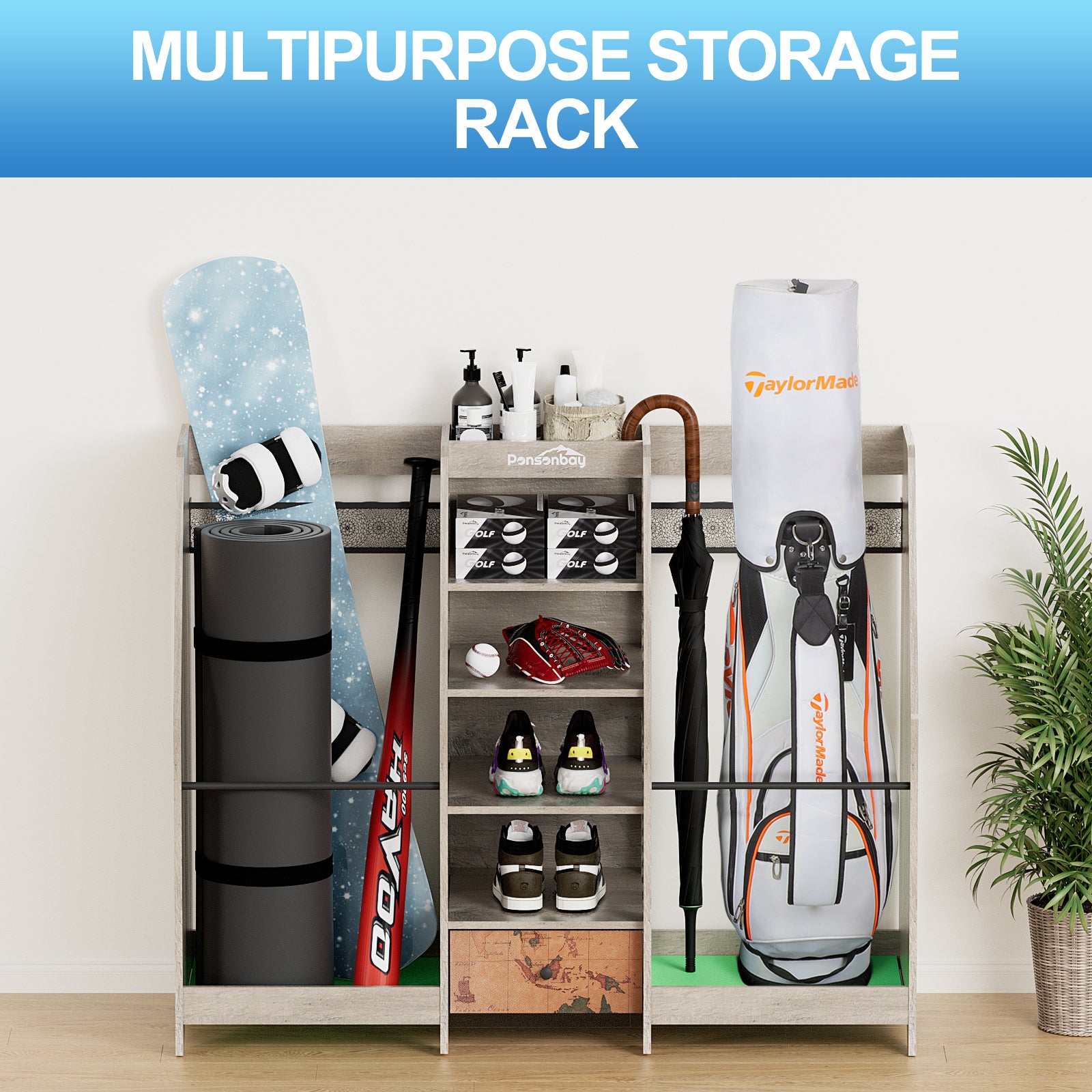 Ponsonbay Golf Bag Storage Organizer Wooden 2 Golf Bags Rack with Drawer