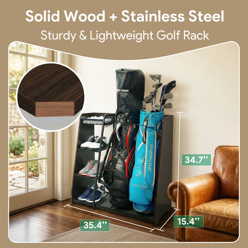 Golf Bag Storage Organizer for Garage, Premium Wooden Rack Holds 2 Golf Bags, Golf Club Stand/Holder Suitable for Garage, Simulator Room, Home and Office