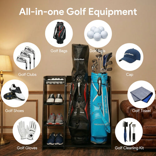 Golf Bag Storage Organizer for Garage, Premium Wooden Rack Holds 2 Golf Bags, Golf Club Stand/Holder Suitable for Garage, Simulator Room, Home and Office