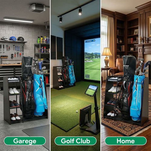 Golf Bag Storage Organizer for Garage, Premium Wooden Rack Holds 2 Golf Bags, Golf Club Stand/Holder Suitable for Garage, Simulator Room, Home and Office