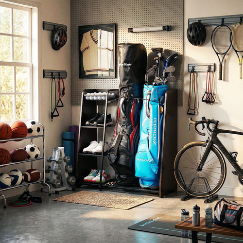 Golf Bag Storage Organizer for Garage, Premium Wooden Rack Holds 2 Golf Bags, Golf Club Stand/Holder Suitable for Garage, Simulator Room, Home and Office