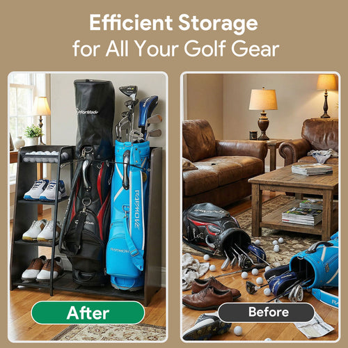 Golf Bag Storage Organizer for Garage, Premium Wooden Rack Holds 2 Golf Bags, Golf Club Stand/Holder Suitable for Garage, Simulator Room, Home and Office