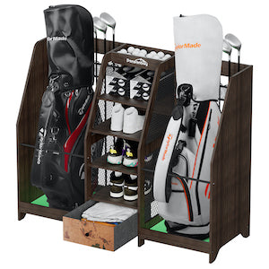 Ponsonbay Golf Bag Storage Organizer Wooden 2 Golf Bags Rack with Drawer
