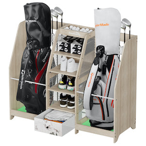 Ponsonbay Golf Bag Storage Organizer Wooden 2 Golf Bags Rack with Drawer